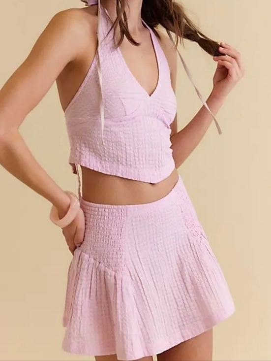 Free People Tops - Free People Drew Pucker Check Skirt Set Pink Tulle
